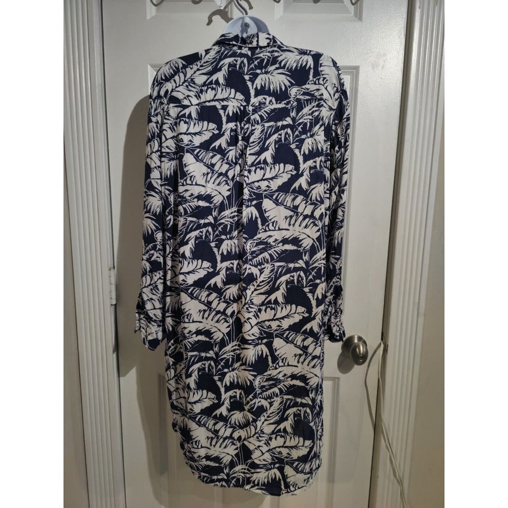 H&M LOGG Navy Blue White Tropical Leaf Print Button Up Shirt Dress Roll-Tab 6 - Picture 3 of 7